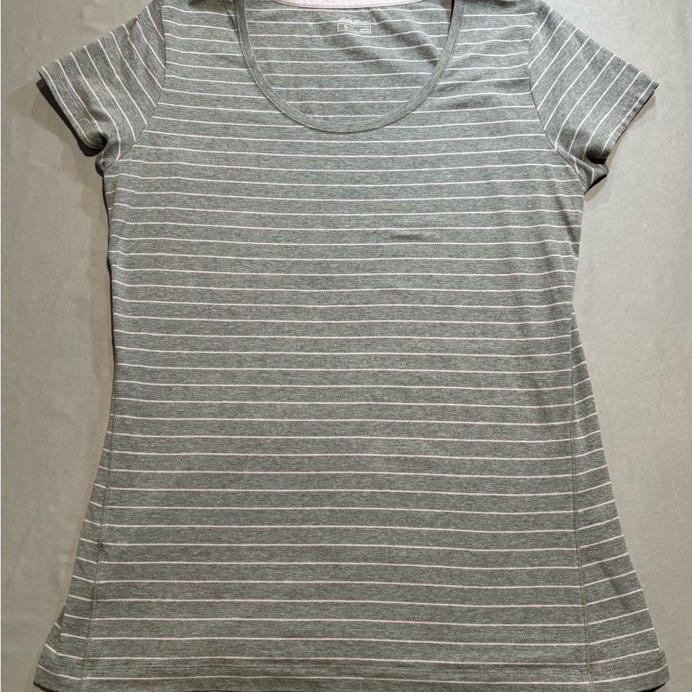 Eddie Bauer Women's Travex Striped Shirt S/S Scoop Neck Grey Pink Size L